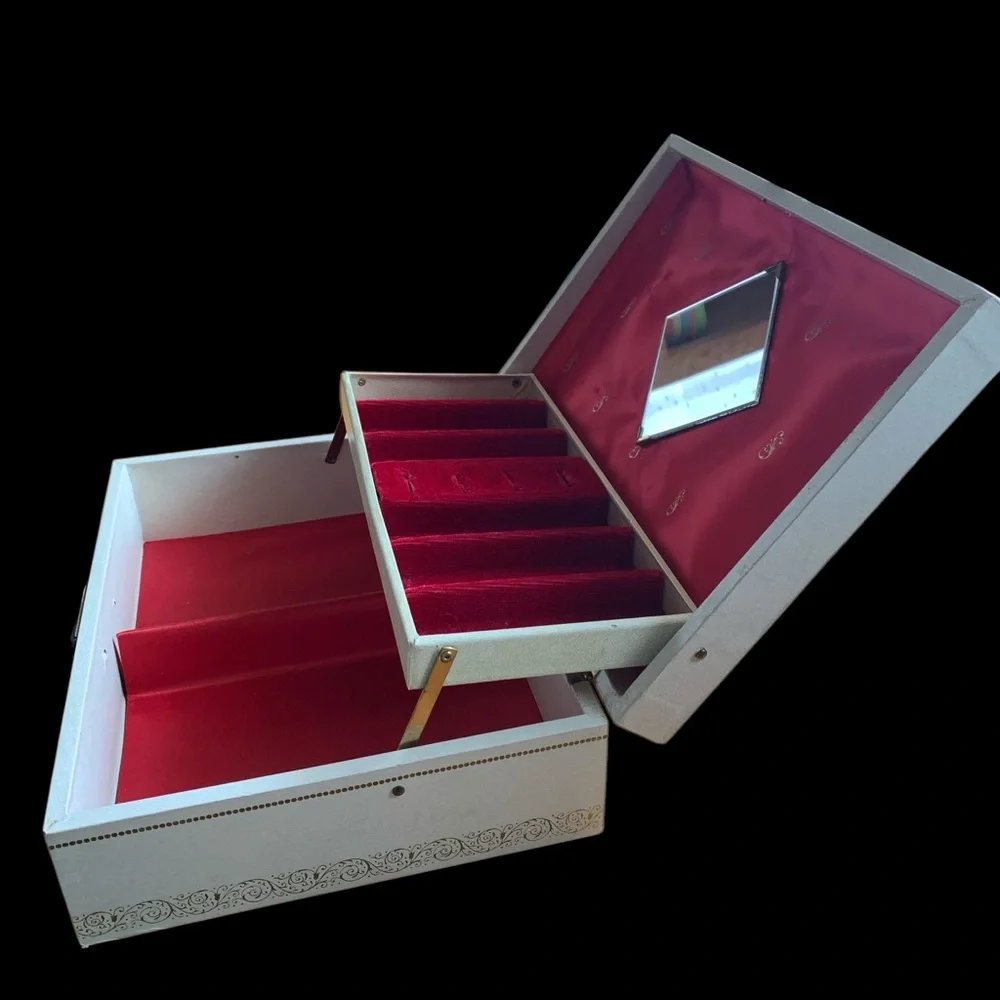 Vintage Two Tier Red Velvet Cream White Gold Flower Mirrored Jewelry Box